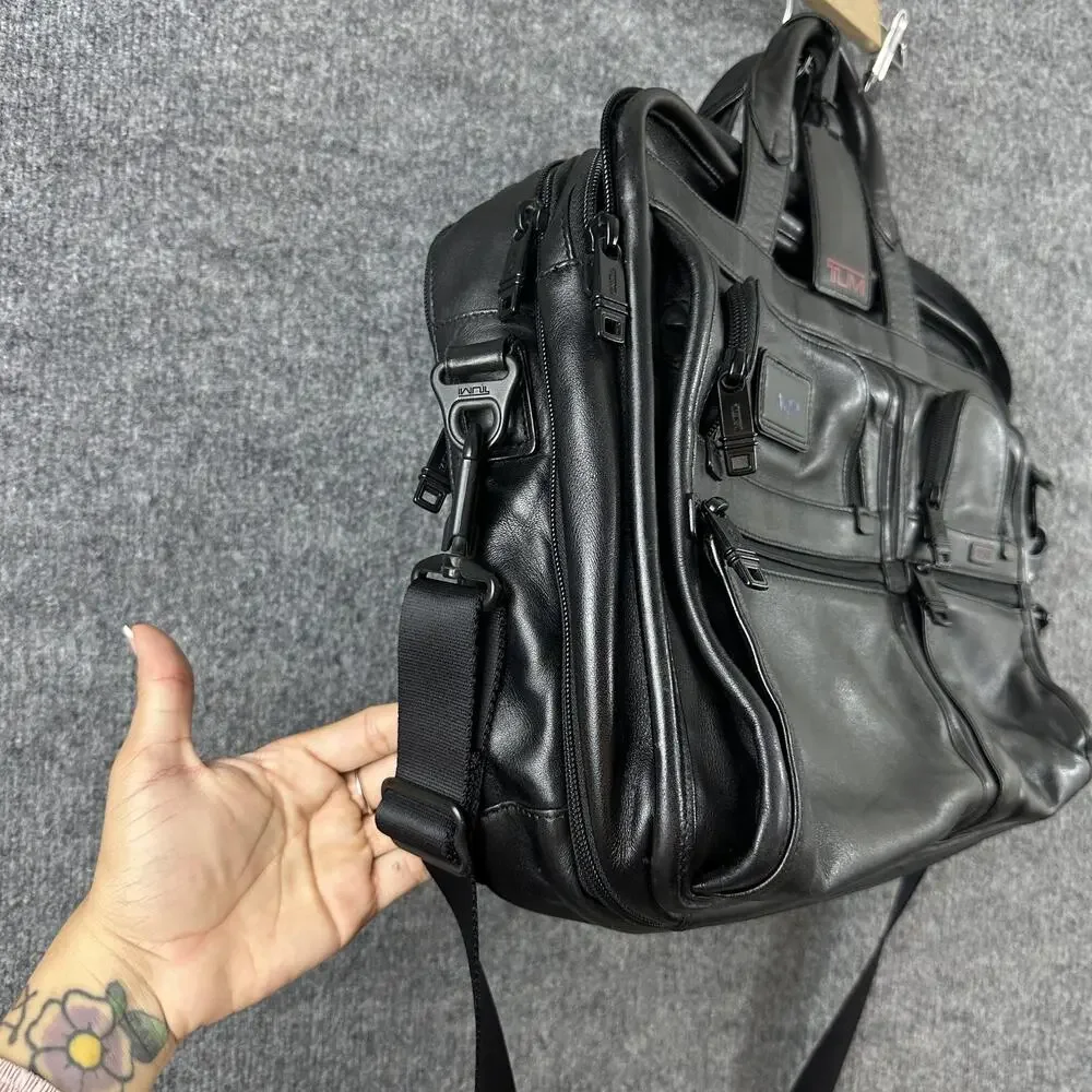 Tumi Expandable Organizer Laptop Briefcase Black Leather Adjustable Strap Office